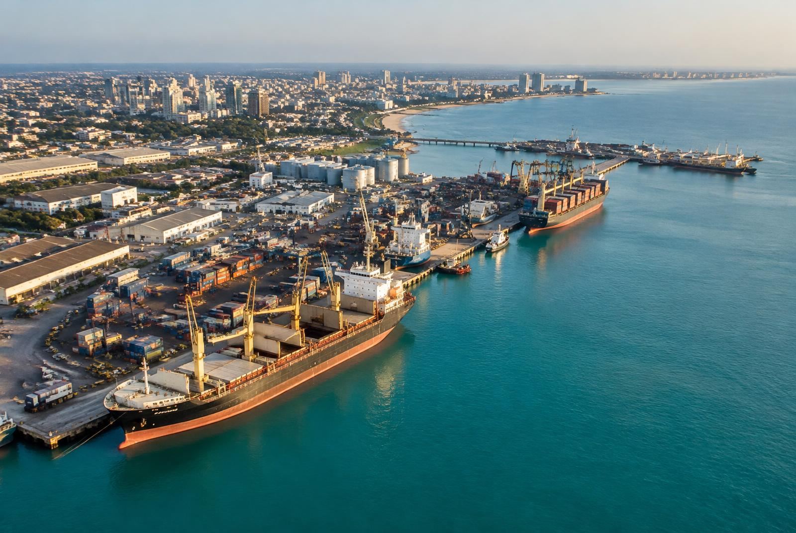 Aerial view of an African coastal seaport with cargo ships