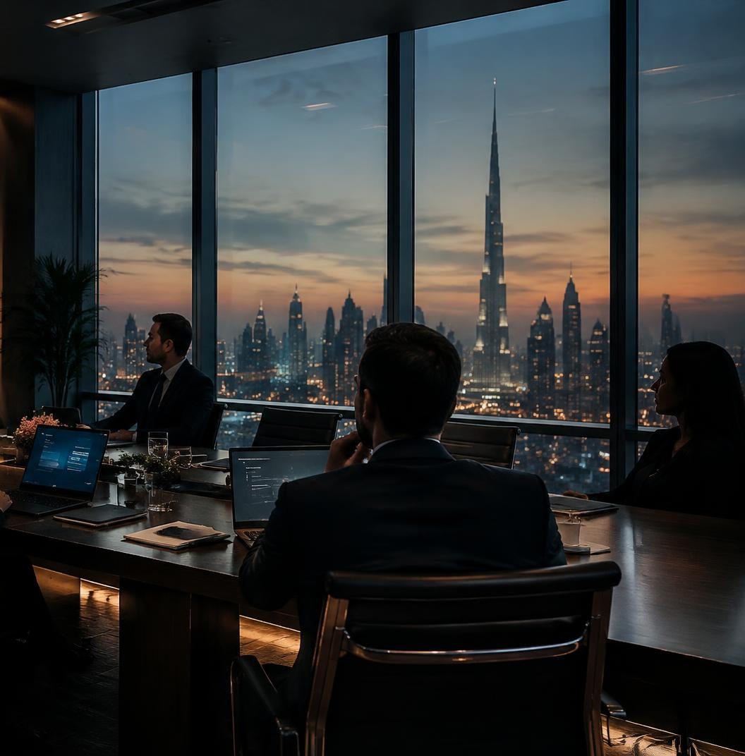 Business meeting in a boardroom with a view of the Burj Khalifa at sunset