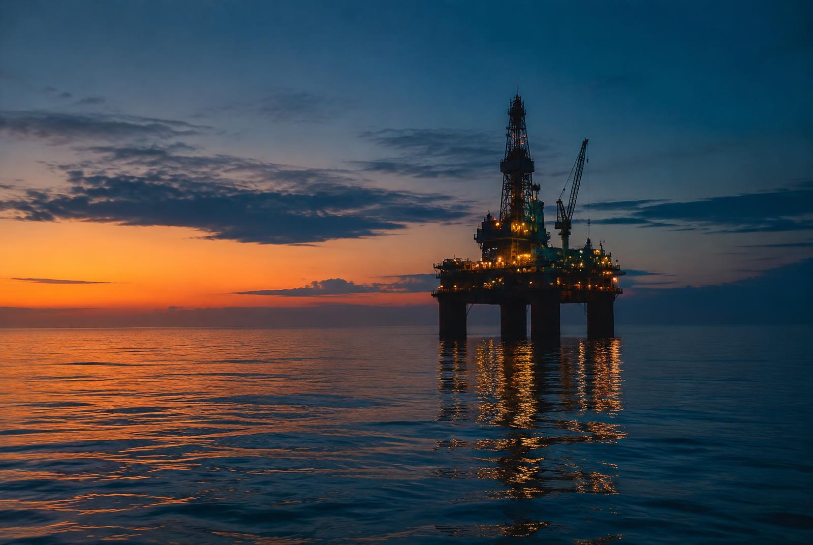 Offshore crude oil rig at twilight
