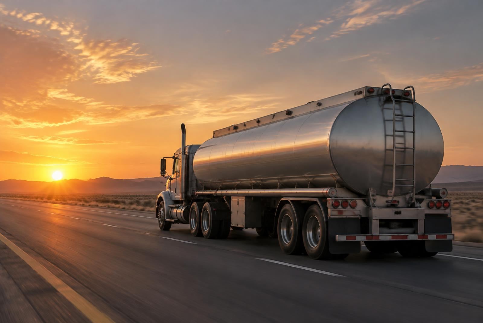 Fuel road tanker driving on a desert highway at sunset